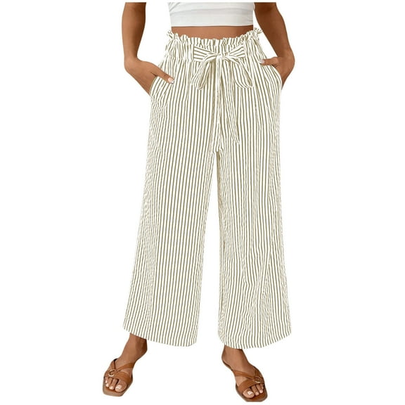 Womens Striped Palazzo Pants, Wide Leg High Waisted Lonugewear Pajama Pants, Drawstring Casual Trousers with Pockets