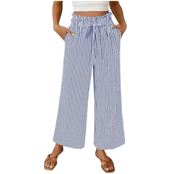 Womens Striped Palazzo Pants, Wide Leg High Waisted Lonugewear Pajama Pants, Drawstring Casual Trousers with Pockets