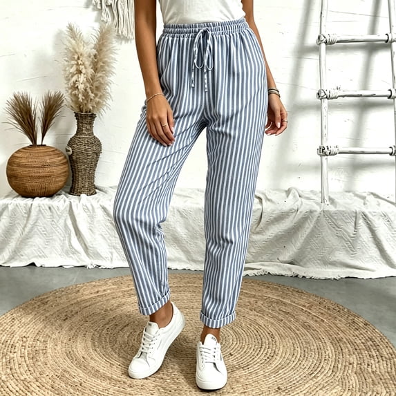 Womens Striped Pants Summer Casual High Waisted Drawstring Beach Pant Tapered Trousers with Pockets