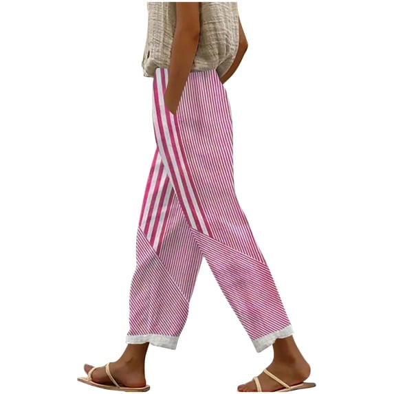 Womens Striped Patchwork Cotton Wide Leg Pants High Waisted Pull On Trousers with Pockets Casual Vacation Boho Beach Pants Hot Pink