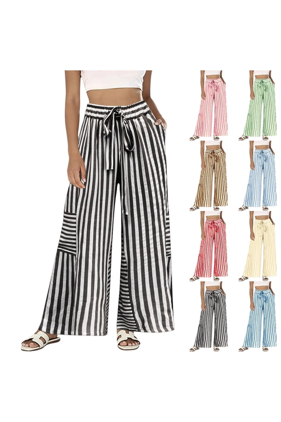 Womens Striped Patchwork Gaucho Pants Drawstring High Waisted Palazzo Pants Casual Vacation Boho Beach Trousers with Pockets