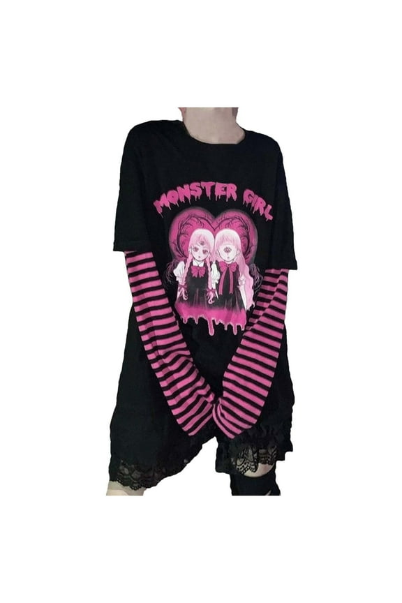 Womens Striped Patchwork T Shirt Y2K Streetwear Loose Long Sleeve Tops Retro Graphic Tee A-Black XXL