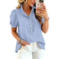 thumbnail image 1 of Womens Striped Pattern Shirts Short Sleeve Button Ruffle Stand Collar Shirt Puff Tighten Cuffs Fashion Top Summer Dressy Casual Loose Tops 2XL Dark Purple, 1 of 5