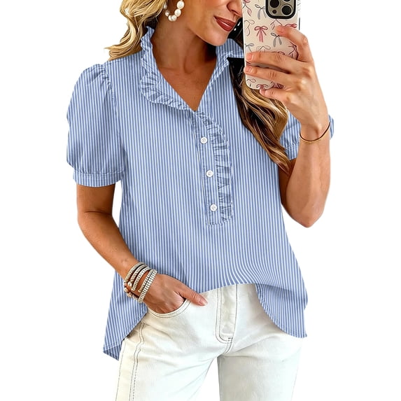 Womens Striped Pattern Shirts Short Sleeve Button Ruffle Stand Collar Shirt Puff Tighten Cuffs Fashion Top Summer Dressy Casual Loose Tops 2XL Dark Purple