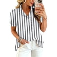 thumbnail image 1 of Womens Striped Pattern Shirts Short Sleeve Button Ruffle Stand Collar Shirt Puff Tighten Cuffs Fashion Top Summer Dressy Casual Loose Tops XL Gray, 1 of 5