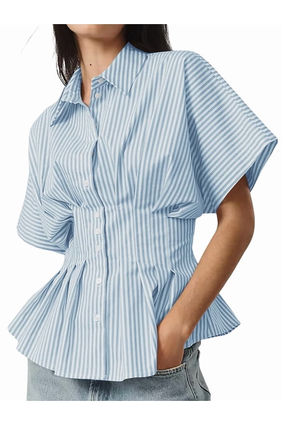 Womens Striped Peplum Button Down Shirts Short Sleeve Pleated Tops Summer Business Casual Blouses Blue Stripes L