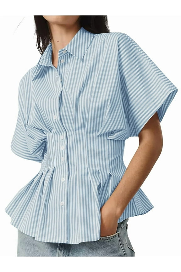 Womens Striped Peplum Button Down Shirts Short Sleeve Pleated Tops Summer Business Casual Blouses Blue Stripes XXL