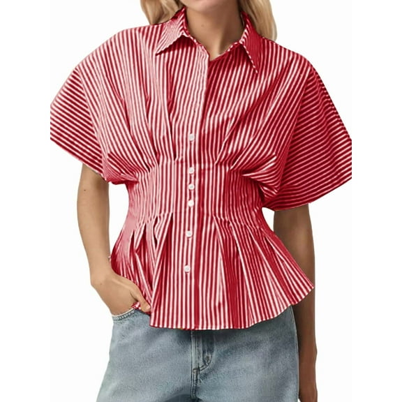 Women's Striped Short Sleeve Shirt Pleated Fitted Casual Summer Top Red XXL