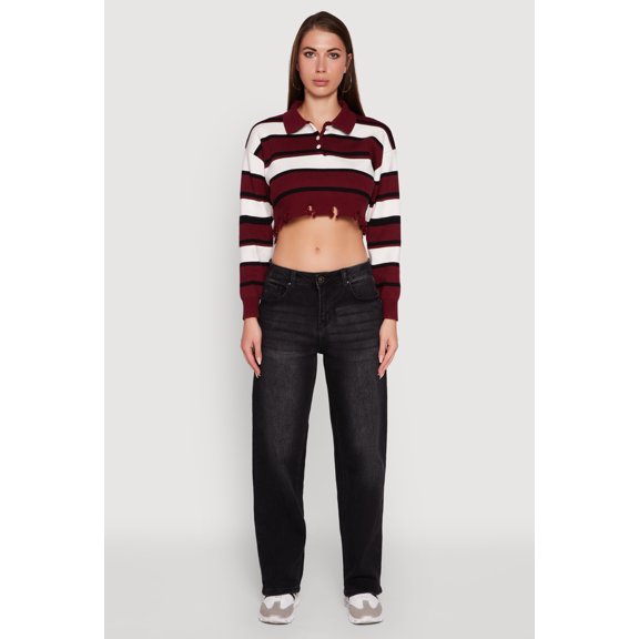 Womens Striped Polo Collar Frayed Hem Crop Sweater