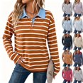 thumbnail image 1 of Womens Striped Polo Shirts V‑Neck Button Down Long Sleeve Tops Loose Fit Casual Pullover Soft Comfort Fall Winter Outfits for Daily Wear,M,#06 Ginger, 1 of 4
