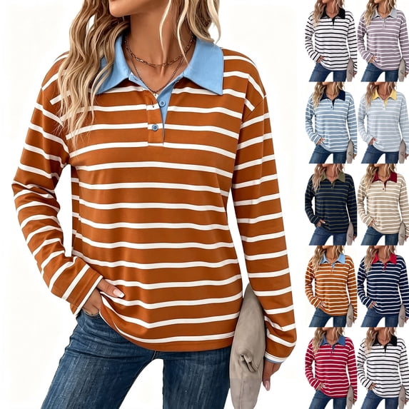 Womens Striped Polo Shirts V‑Neck Button Down Long Sleeve Tops Loose Fit Casual Pullover Soft Comfort Fall Winter Outfits for Daily Wear,M,#06 Ginger