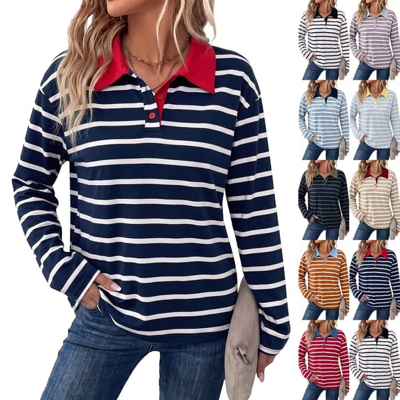Womens Striped Polo Shirts V‑Neck Button Down Long Sleeve Tops Loose Fit Casual Pullover Soft Comfort Fall Winter Outfits for Daily Wear,S,#06 Wine