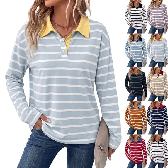 Womens Striped Polo Shirts V‑Neck Button Down Long Sleeve Tops Loose Fit Casual Pullover Soft Comfort Fall Winter Outfits for Daily Wear,S,#06 Royal Blue