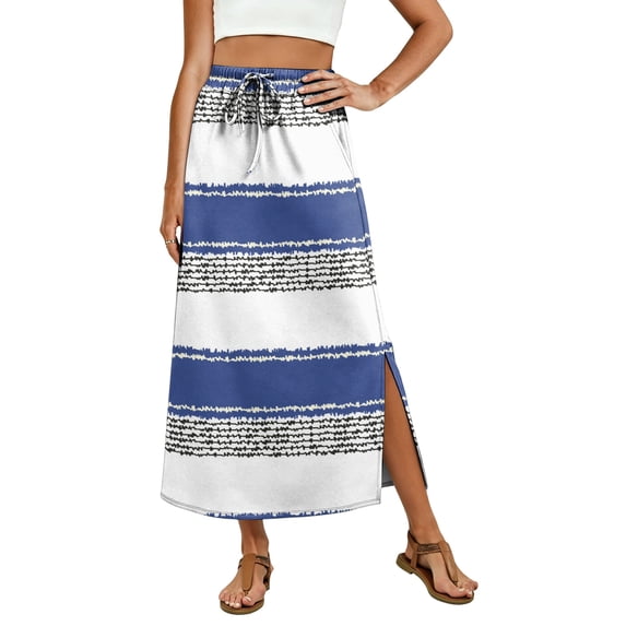 Womens Striped Print Maxi Skirt High-waisted Drawstring Swing Mid-length Side Slits Boho Beach Vacation Long Skirts Gray L