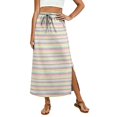 thumbnail image 1 of Womens Striped Print Maxi Skirt High-waisted Drawstring Swing Mid-length Side Slits Boho Beach Vacation Long Skirts Multicolor S, 1 of 6