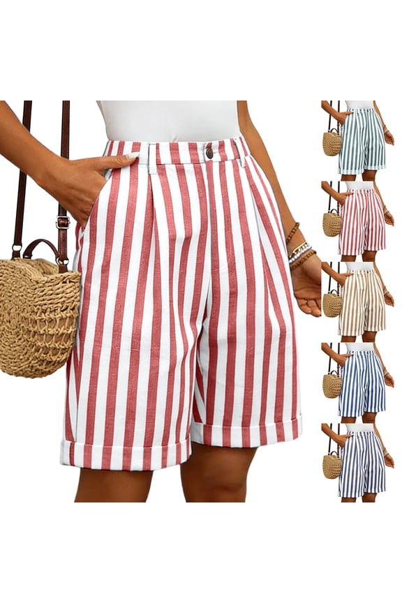 Womens Striped Print Shorts with Slant Pocket High Waist Casual Mini Shorts, L