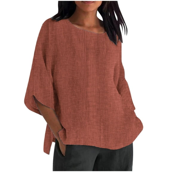 Womens Striped Printed Linen T-shirts Loose 3/4 Batwing Sleeves Summer Casual Pullover Tops Vintage Boho Blouse Tees