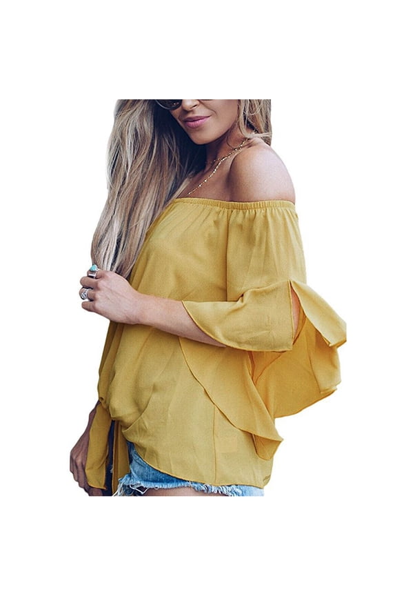 Womens Striped Printed Off The Shoulder Tops 3 4 Flared Bell Sleeve Blouses