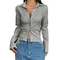 thumbnail image 1 of Womens Striped Printed T-Shirts, Long Sleeve Shirts for Women Fall Casual Slimming Fit Cropped Lapel Button Down Dressy Blouses S-2XL, 1 of 3