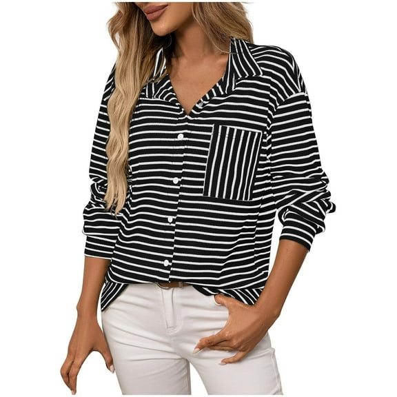 Womens Striped Printed T-Shirts, Long Sleeve Shirts for Women Fall Fashion Loose Fit Lapel Button Down Dressy Blouses with Pockets S-2XL