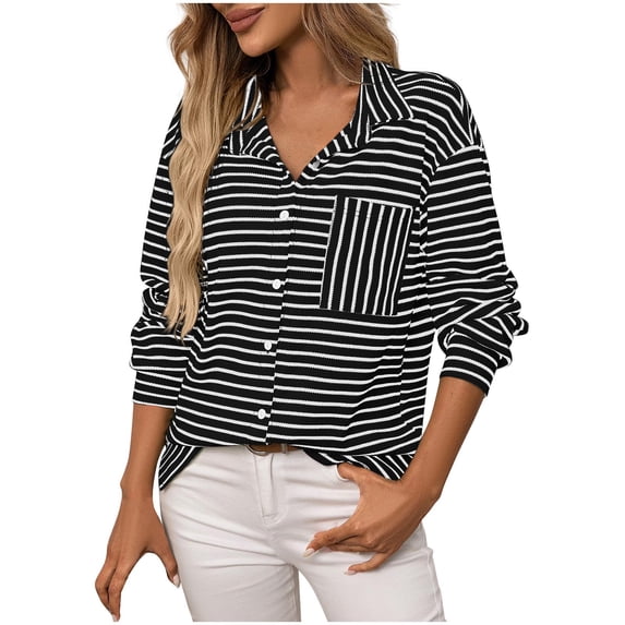 Womens Striped Printed T-Shirts, Long Sleeve Shirts for Women Fall Fashion Loose Fit Lapel Button Down Dressy Blouses with Pockets S-2XL