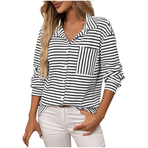 Womens Striped Printed T-Shirts, Long Sleeve Shirts for Women Fall Fashion Loose Fit Lapel Button Down Dressy Blouses with Pockets S-2XL