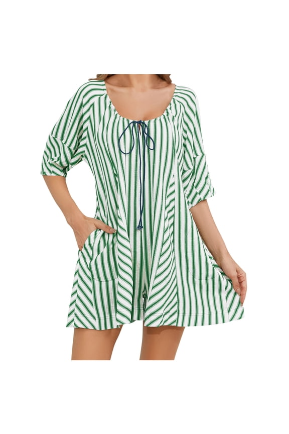 Womens Striped Puff Sleeve Shorts Romper Adjustable Neck Wide Leg Oversized Mini Dress Jumpsuit with Pockets