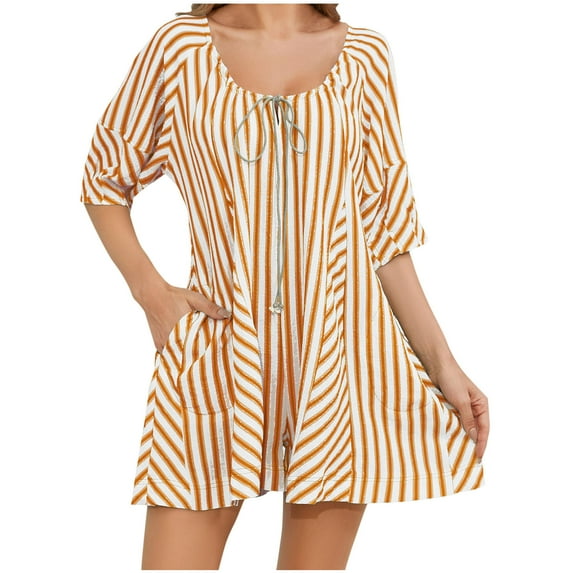 Womens Striped Puff Sleeve Shorts Romper Adjustable Neck Wide Leg Oversized Mini Dress Jumpsuit with Pockets
