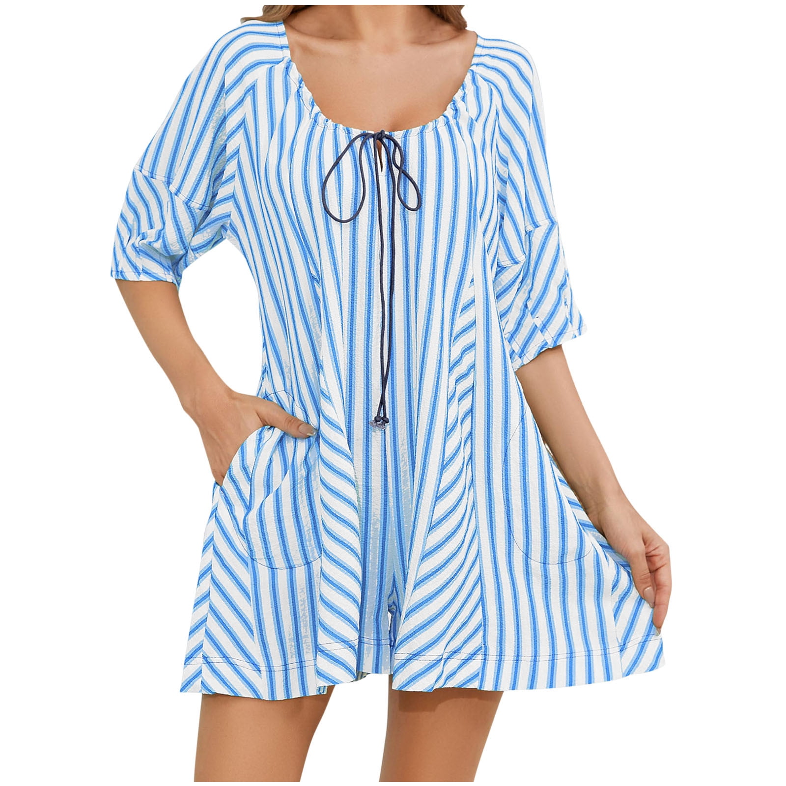 Oplxuo Womens Striped Puff Sleeve Shorts Romper Adjustable Neck Wide Leg Oversized Mini Dress Jumpsuit with Pockets, Women's, Size: 2XL, Blue