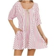 thumbnail image 1 of Womens Striped Puff Sleeve Shorts Romper Adjustable Neck Wide Leg Oversized Mini Dress Jumpsuit with Pockets, 1 of 5