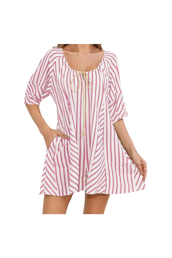 Womens Striped Puff Sleeve Shorts Romper Adjustable Neck Wide Leg Oversized Mini Dress Jumpsuit with Pockets