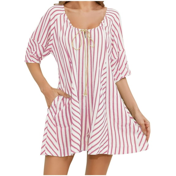 Womens Striped Puff Sleeve Shorts Romper Adjustable Neck Wide Leg Oversized Mini Dress Jumpsuit with Pockets