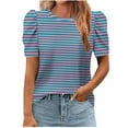 thumbnail image 1 of Womens Striped Puff Sleeve Tops for Summer Casual Trendy Holiday Resort Outfits Crew Neck Baggy Short Sleeve T-shirt, 1 of 5
