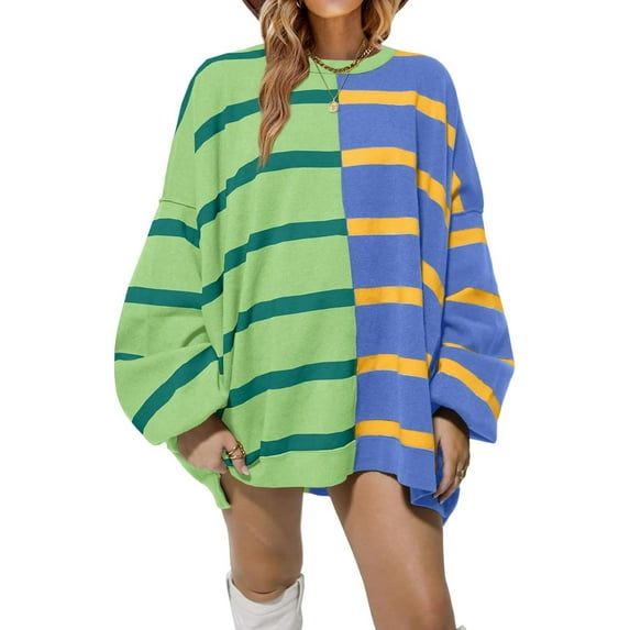 Womens Striped Pullover Sweater Crew Neck Long Sleeve Knitted Color Block Casual Loose Lightweight Sweaters for Women