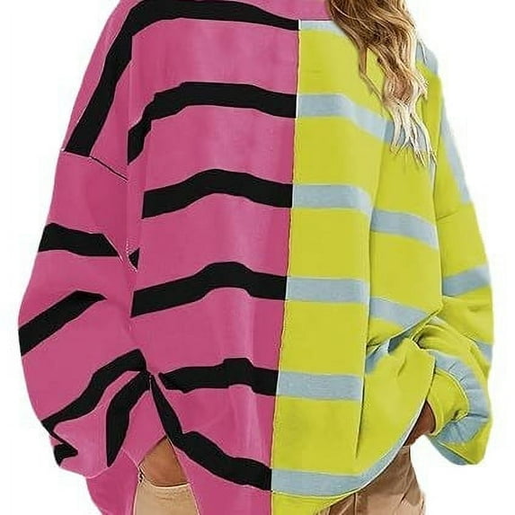 Womens Striped Pullover Sweater Crew Neck Long Sleeve Knitted Color Block Casual Loose Lightweight Sweaters for Women