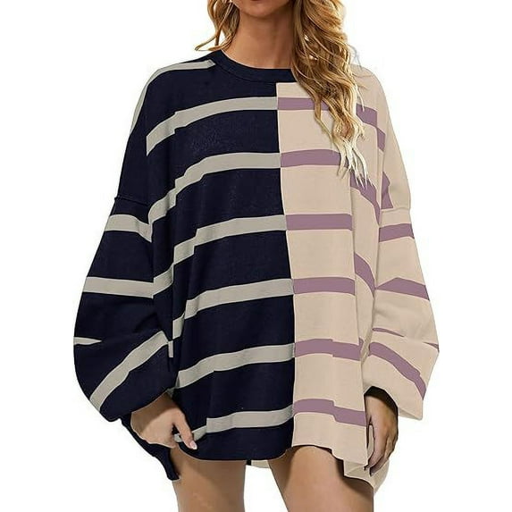 Womens Striped Pullover Sweater Crew Neck Long Sleeve Knitted Color Block Casual Loose Lightweight Sweaters for Women