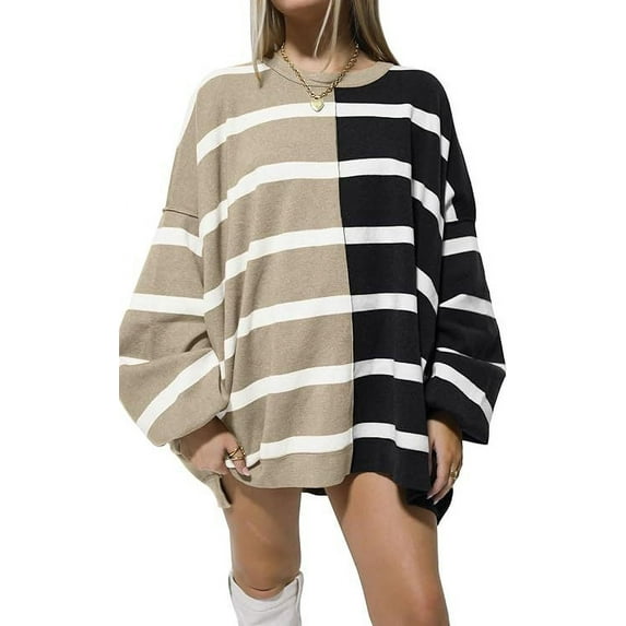 Womens Striped Pullover Sweater Crew Neck Long Sleeve Knitted Color Block Casual Loose Lightweight Sweaters for Women
