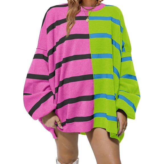 Womens Striped Pullover Sweater Crew Neck Long Sleeve Knitted Color Block Casual Loose Lightweight Sweaters for Women