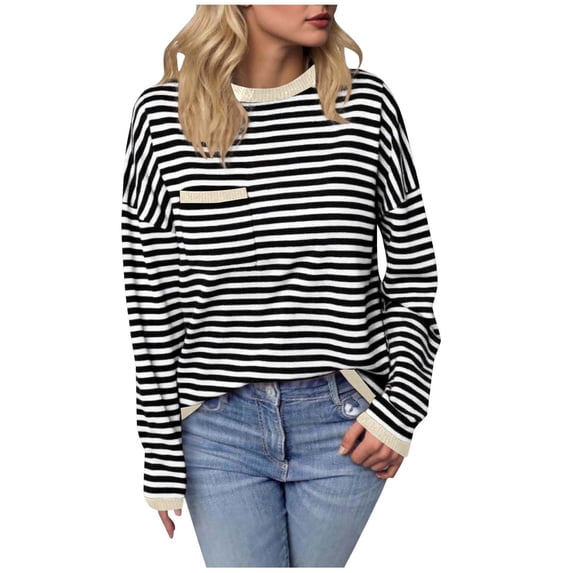 Womens Striped Pullover Sweater Loose Fit Soft Knit Shirts with Pocket Casual Crew Neck Long Sleeve Pullover Tops 2025 Fall Clothing