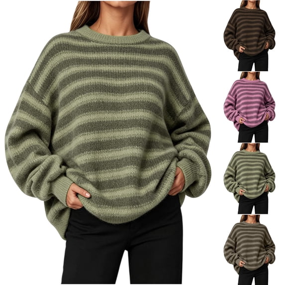 Womens Striped Pullover Sweater Loose Knit Long Sleeves Top Crew Neck Vintage Drop Shoulder Sweater Oversized Warm Soft Sweater