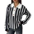 thumbnail image 1 of Womens Striped Pullover Sweater Soft Fleece Knit Sweaters Polo Henley Lapel Loose Fit Shirts Button Top Stylish Fall Jumper Versatile Casual Workwear School Blouses Clothing, 1 of 7