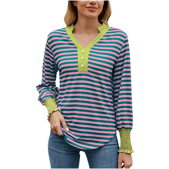 Womens Striped Pullover Tops Button V Neck Trendy Spring Fall Clothes 2025 Long Sleeve Smocked Ruffle Hem T Shirt