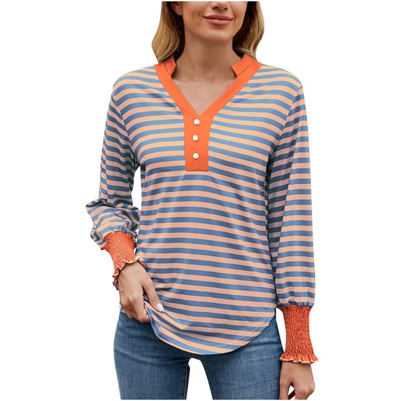 Womens Striped Pullover Tops Button V Neck Trendy Spring Fall Clothes 2025 Long Sleeve Smocked Ruffle Hem T Shirt