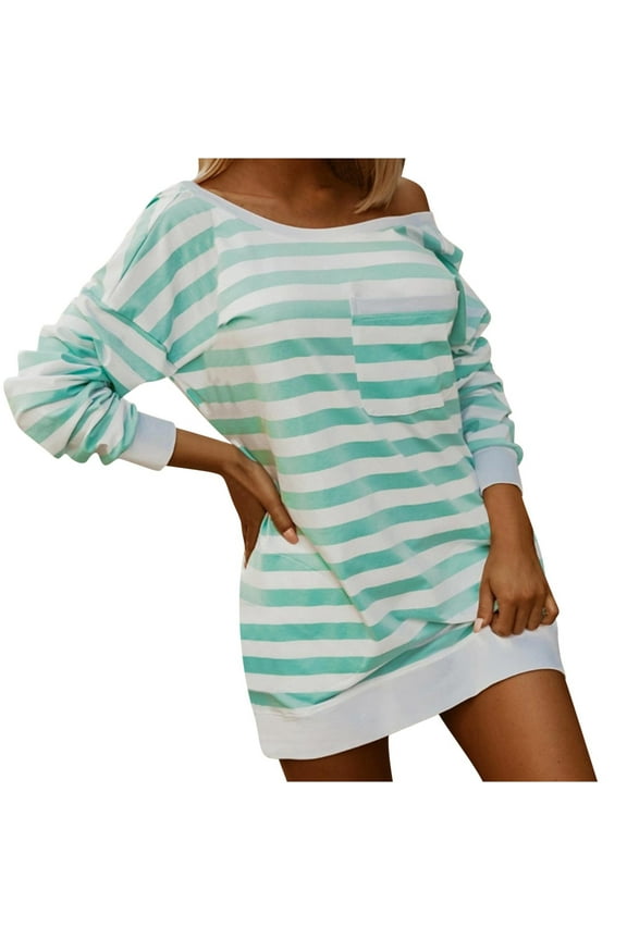 Womens Striped Pullover Tops Long Sleeve Cotton Crewneck Oversized Sweatshirts Dress Casual Spring Fall Clothes (Green 3XL)