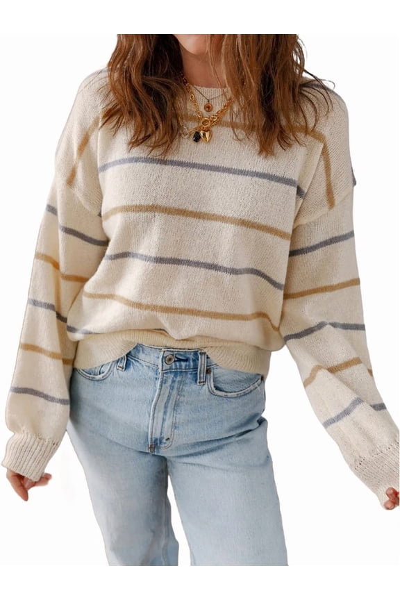 Womens Striped Ribbed Edge Sweater Long Sleeve Crewneck Drop Shoulder Fall Sweaters Top  S