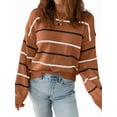 thumbnail image 1 of Womens Striped Ribbed Edge Sweater Long Sleeve Crewneck Drop Shoulder Fall Sweaters Top Light Brown M, 1 of 4