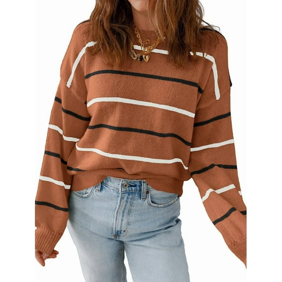 Womens Striped Ribbed Edge Sweater Long Sleeve Crewneck Drop Shoulder Fall Sweaters Top Light Brown M