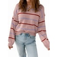 thumbnail image 1 of Womens Striped Ribbed Edge Sweater Long Sleeve Crewneck Drop Shoulder Fall Sweaters Top Pink S, 1 of 6