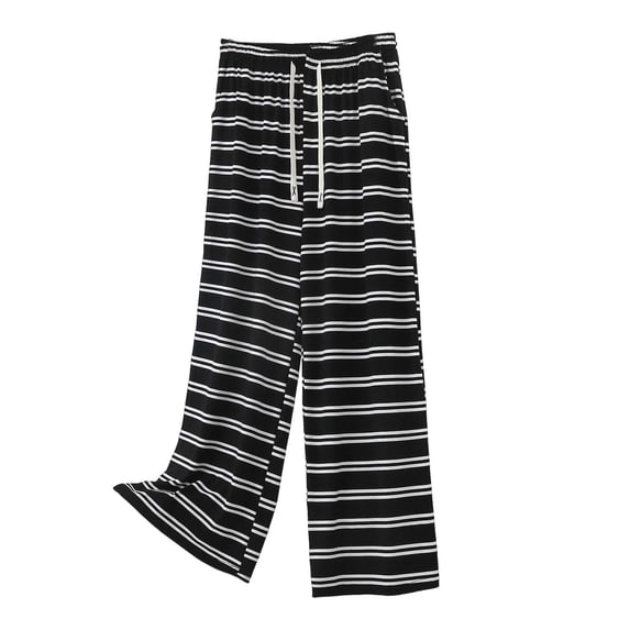 Womens Striped Ribbed Wide Leg Pants Casual Drawstring Elastic Waist Baggy Sweatpants with Pockets