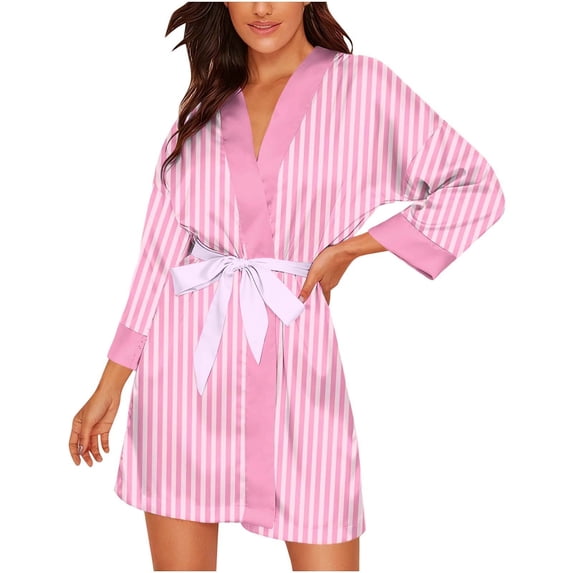 Womens Striped Robe Lightweight 3/4 Sleeve Bathrobe Soft Short Sleepwear for Bridal, Wedding Party & Loungewear